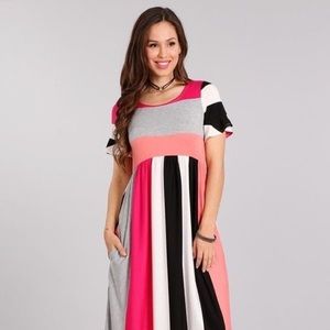 Coral Black Color Block Maxi Dress w/Pockets